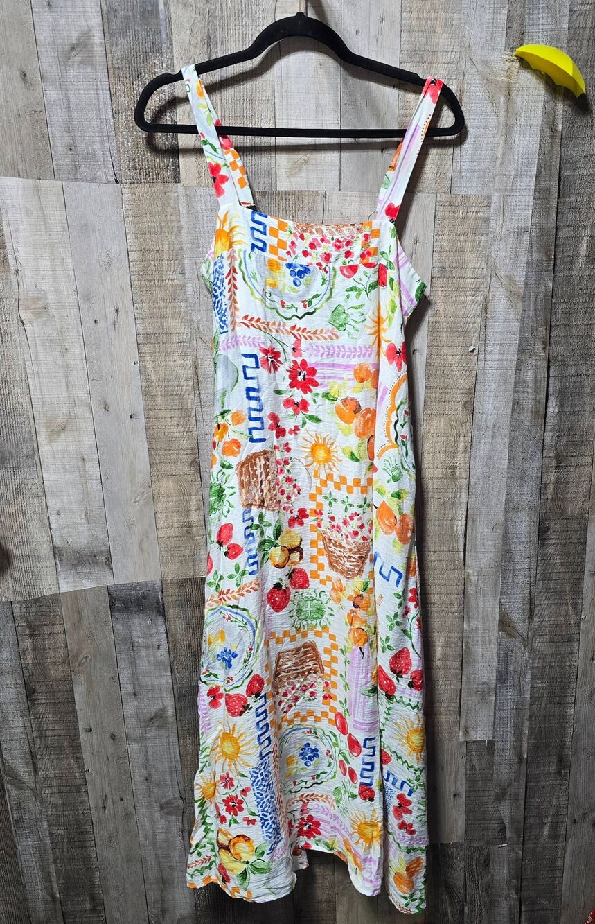 Pink Lily White Fruit Floral Print Midi Dress Medium Coastal Beach Cruise Summer